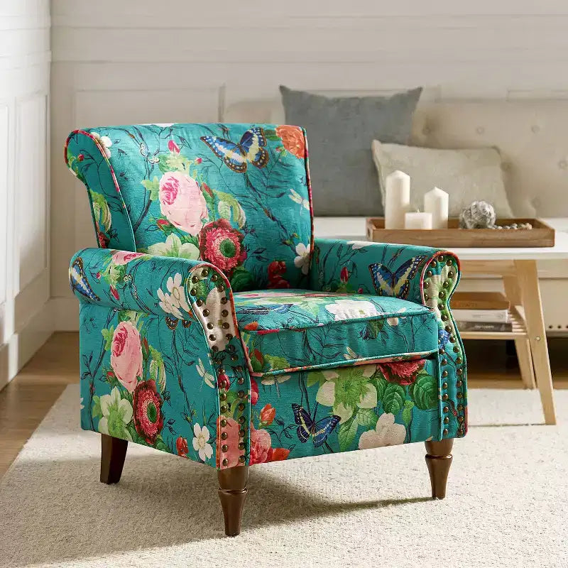 Traditional Wooden Upholstered Floral Armchair with Wingback and Nailhead Trim