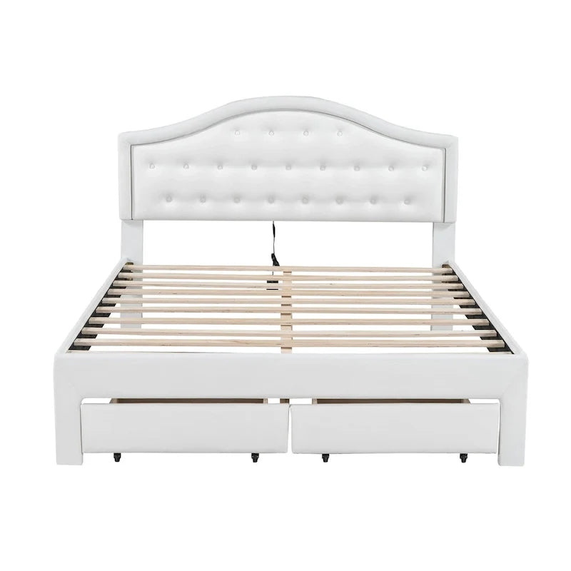 White Queen Size Upholstered Bed with Tufted Headboard, LED, and 2 Drawers