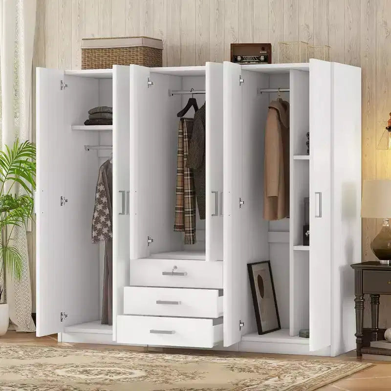 6-Doors Wooden Wardrobe Storage for Bedroom, with Big Drawers, Brown