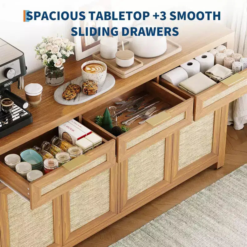 63in Deep Farmhouse Buffet Sideboard Cabinet with Rattan Panels, 3 Drawers, 4 Doors, Adjustable Shelves - Dining Room, Kitchen, Entryway Organizer