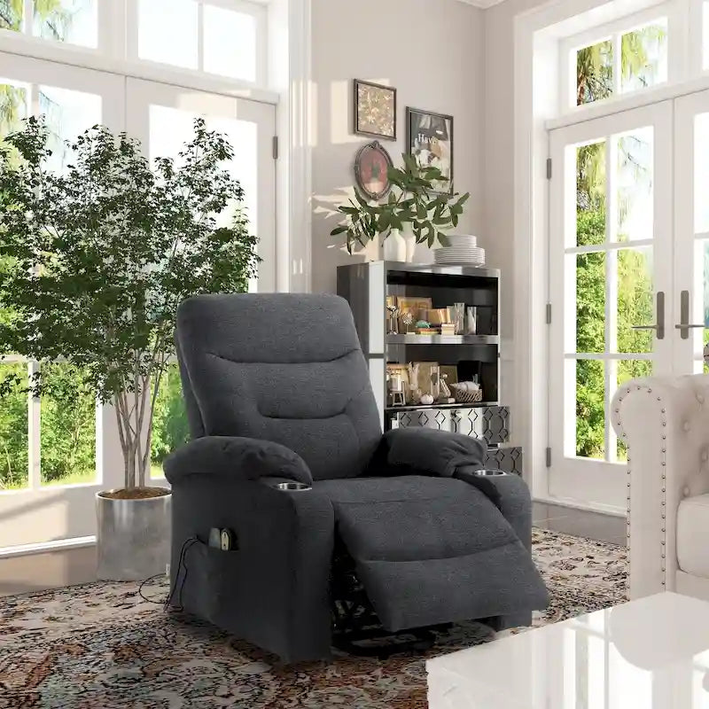 Soft Upholstered Electric Massage Recliner with Cup Holder & Dual Remote