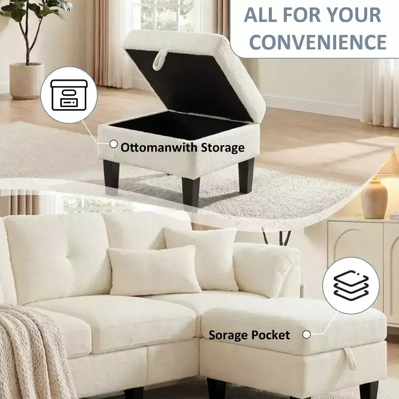 76.4-Inch Modern Three-Seater Sofa with Armrests and Pillows in Chenille Beige