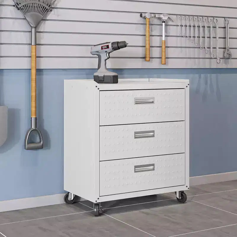 Manhattan Comfort Fortress 3pc Mobile Space Saving Garage Cabinet and Worktable Set 3.0 White