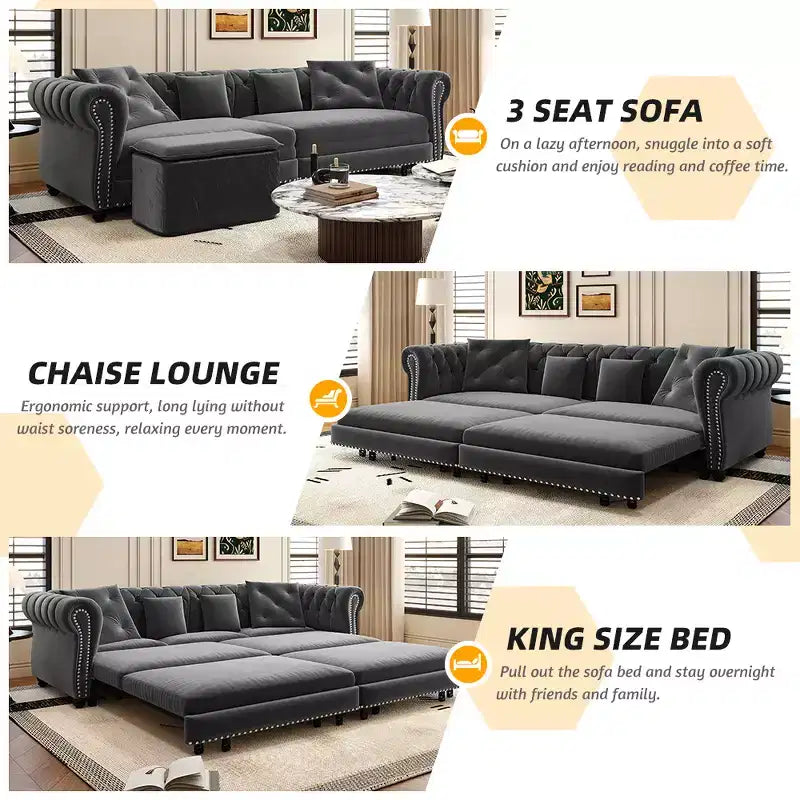 3-in-1 Pull-Out Sofa Bed, King Size Convertible Sleeper Sofa with Chaise & Movable Ottoman, Velvet Tufted 3-Seater Couch, Charcoal Gray