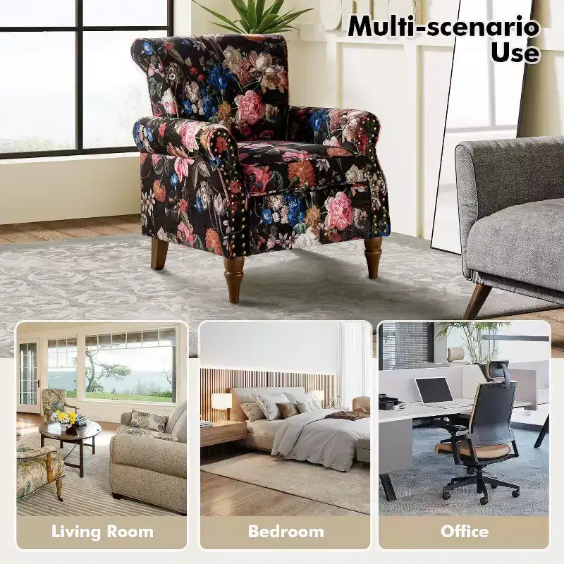 Traditional Wooden Upholstered Floral Armchair with Wingback and Nailhead Trim