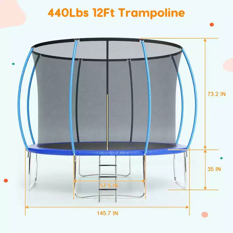 Outdoor Trampoline, 12FT Trampoline with Safety Enclosure - 440Lbs Capacity ASTM F2225-15 Certified No-Gap Net Rust-Resistant for Kids Adults