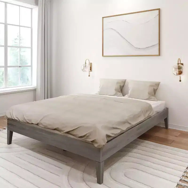 Solid Wood Queen Platform Bed Frame with Pine Slats, 14"H, 750 lb Capacity, No Box Spring Needed