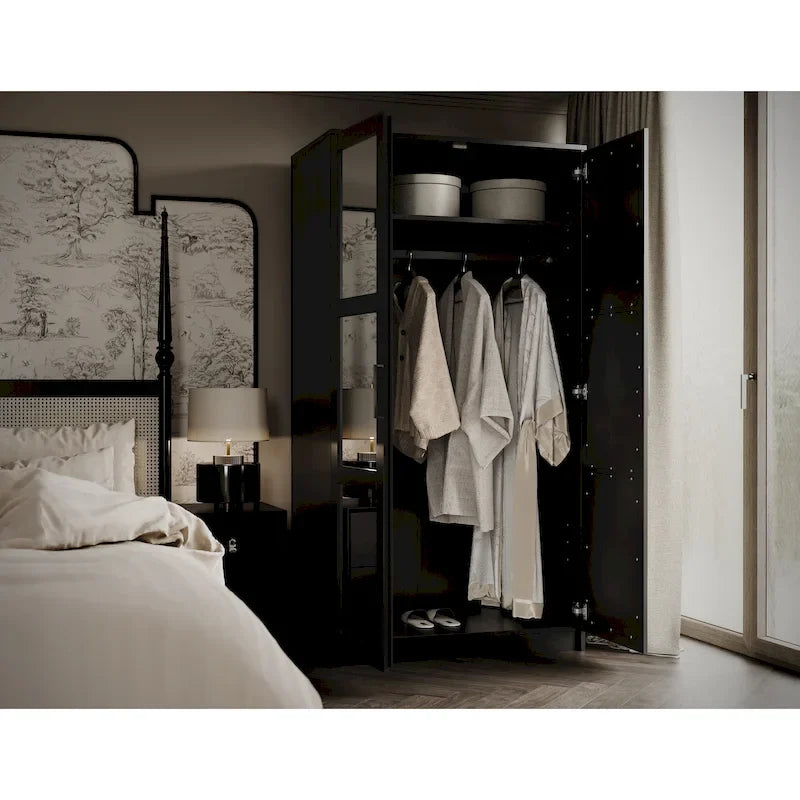 2-Door Solid Pine Wood Wardrobe Armoire with Clothing Rod & Adjustable Shelf – White / Black / Gray, Solid Wood or Mirrored Doors, Single