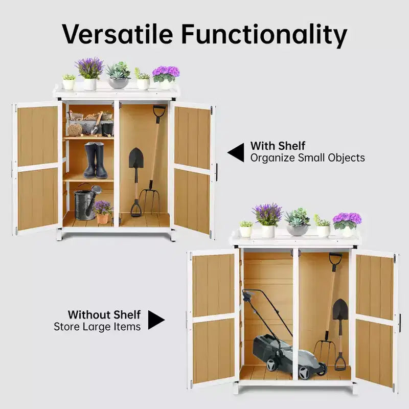 Waterproof storage cabinet, wooden garden workbench with 2 removable shelves, galvanized metal tabletop, suitable for indoor and outdoor use.