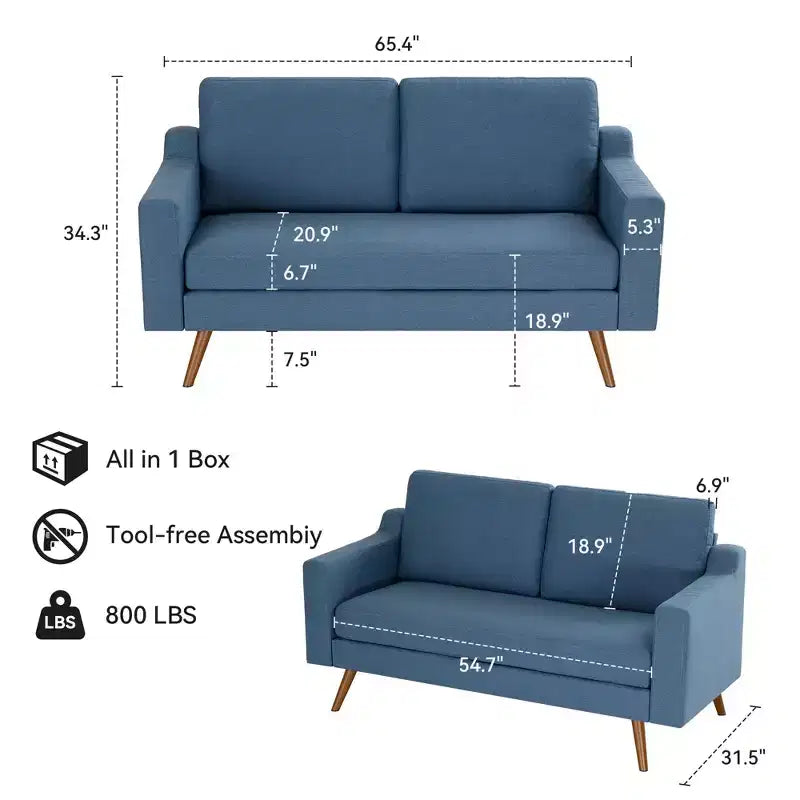 65.4" Mid Century Modern Loveseat Sofa with Spring Cushion for Living Room, Bedroom & Office