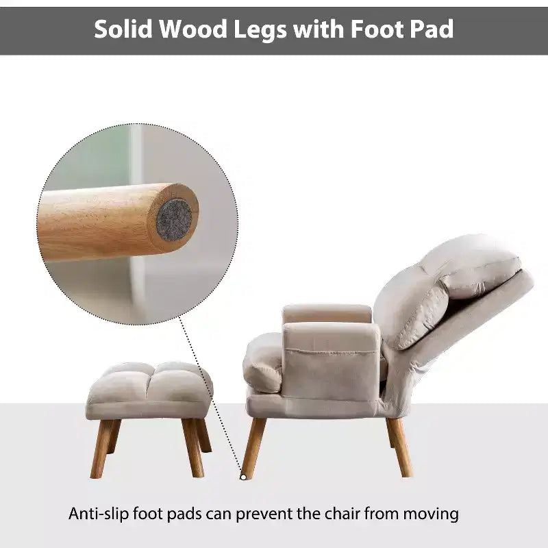 Accent Chair with Ottoman, Velvet Armchair with Adjustable Backrest and Side Pocket