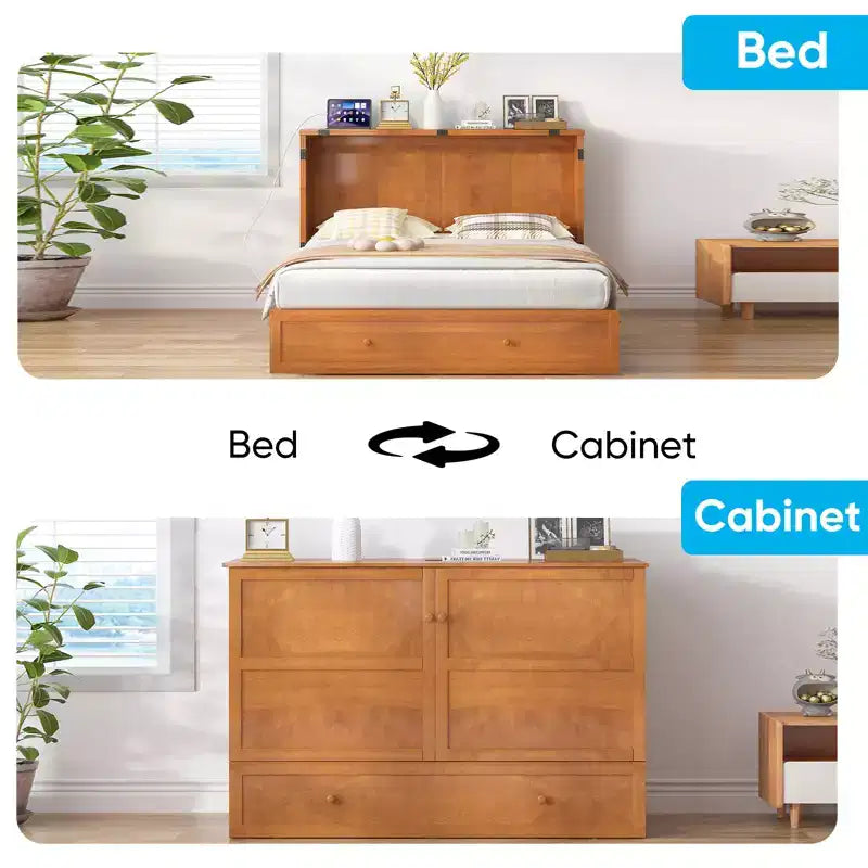 Murphy Bed Cabinet, Modern Murphy Bed Queen with Mattress, Built-in USB Charging Station & Drawers