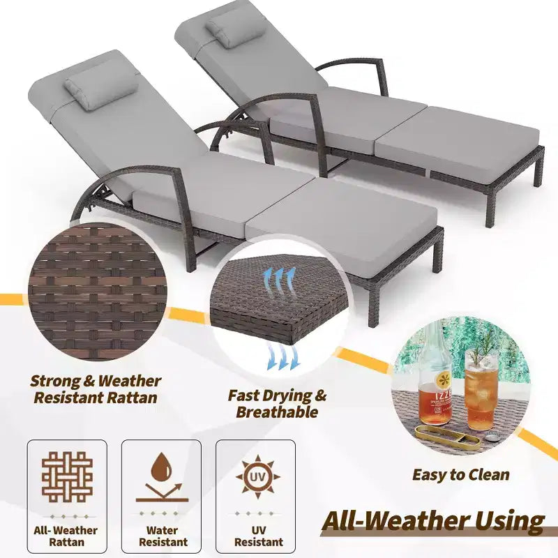 Coolmee Outdoor Chaise Lounge Set of 2 Rattan Patio Folding Chaise Lounge Adjustable 5 Position Back Patio Pool Lounge Chair with Cushion Pillow