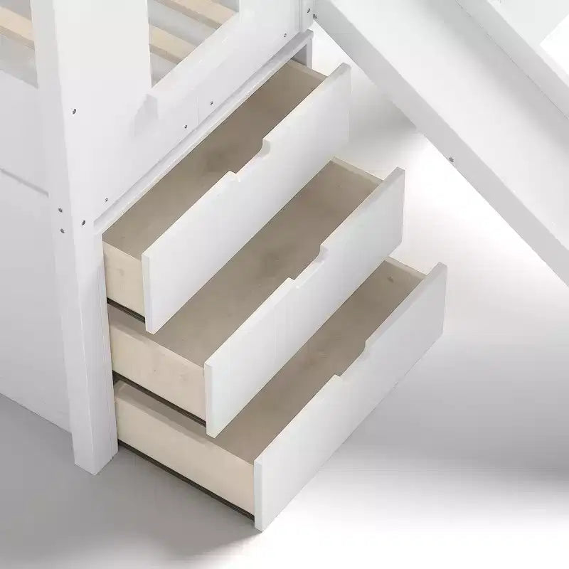 Twin Size Loft Bed with 3 Drawers & Storage Stair, Wooden House-style Bed Frame with Slide and Remevoable Desk