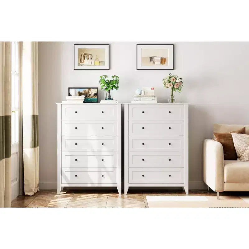 Tall 5 Drawer Dresser with Deep Drawers Metal Knobs Modern Wooden Chest of Drawers for Bedroom Entryway Hallway