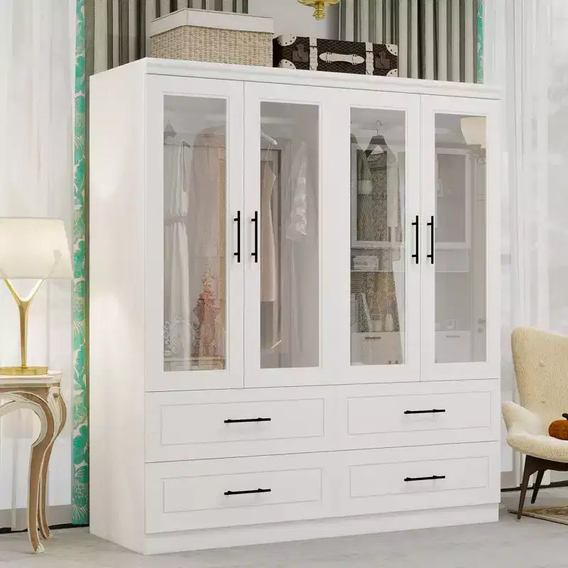 White Wood 63-Inch Armoire with 4 Drawers and 4 Doors, Bedroom Wardrobe Cabinet