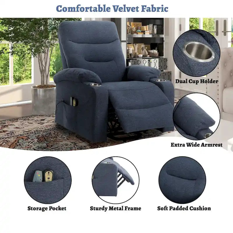 Soft Upholstered Electric Massage Recliner with Cup Holder & Dual Remote