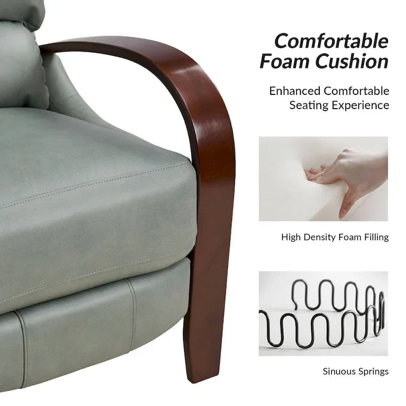 Alex Mid-century Modern Cigar Genuine Leather Manual Recliner with Wooden Curved Arms