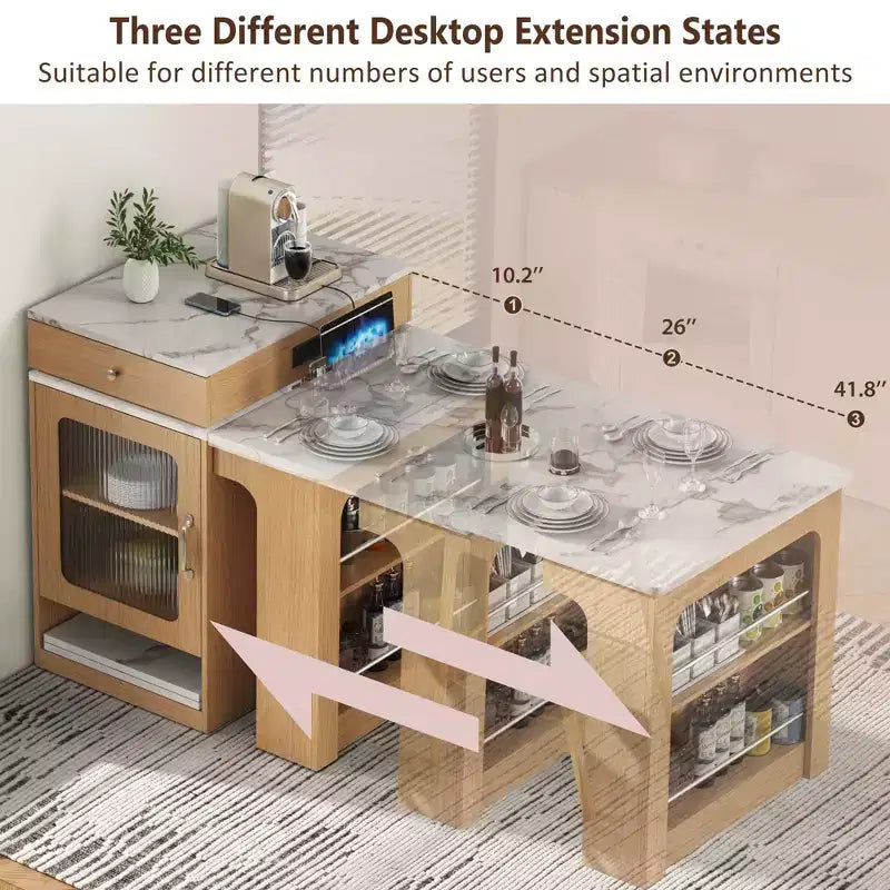 PexFix 59.5 Kitchen Island with Extendable Dining Table Kitchen Storage Table with Double-sided Storage with Power Outlet&Side Open Shelves Natural