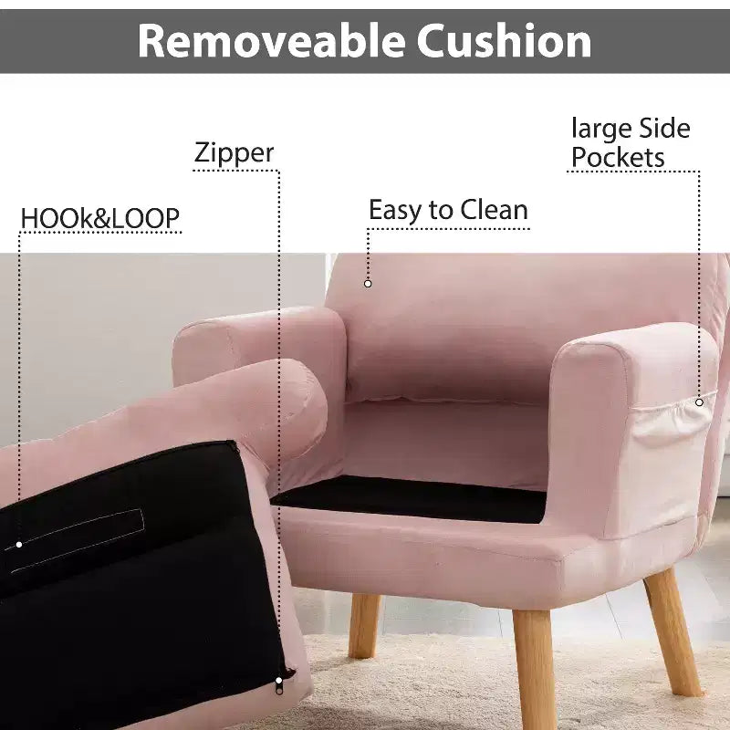 Accent Chair with Ottoman, Velvet Armchair with Adjustable Backrest and Side Pocket