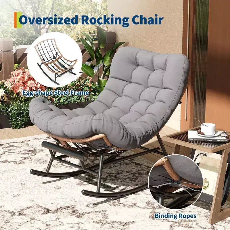 Oversized Rocking Chair with Footrest, Upholstered Lounge Chair with Metal Frame, Patio Reclining Chair for Patio Backyard Bedroom Garden