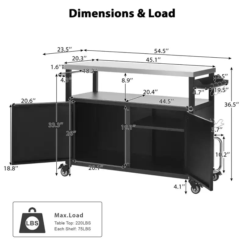 54.5" Outdoor Kitchen Island with Stainless Steel Top, Spice & Towel Rack, Black