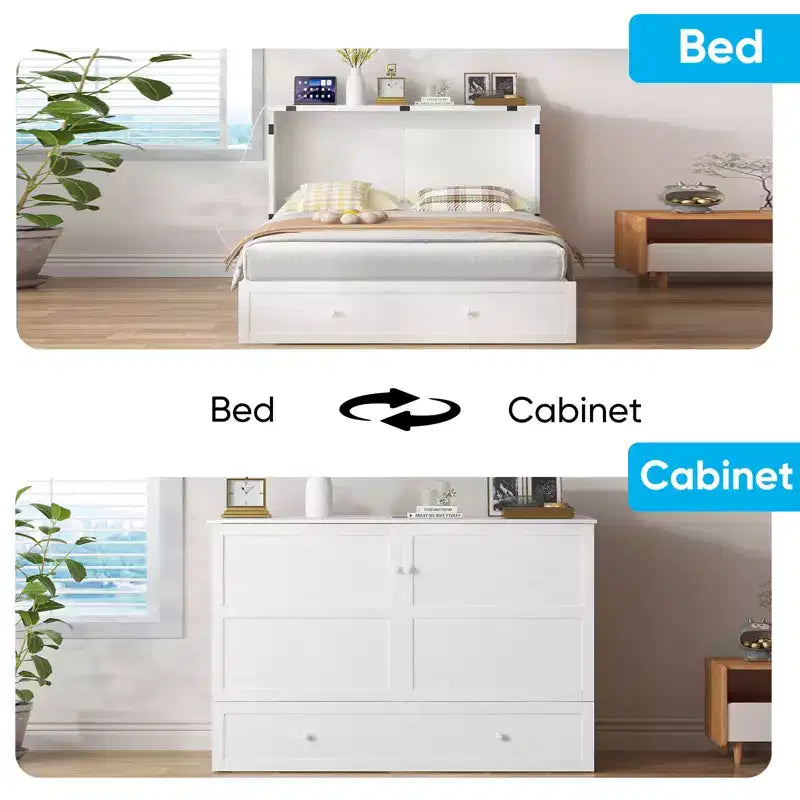 Murphy Bed Cabinet, Modern Murphy Bed Queen with Mattress, Built-in USB Charging Station & Drawers