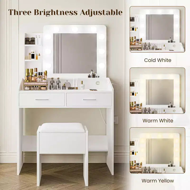 Vanity Desk with Mirror and Lights, Makeup Vanity with Power Outlet & Cushioned Stool, 3 Lighting Modes Adjustable Brightness, Dressing Table