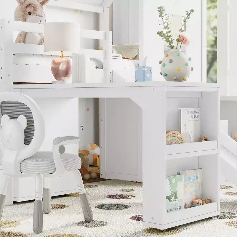 Twin Size Loft Bed with 3 Drawers & Storage Stair, Wooden House-style Bed Frame with Slide and Remevoable Desk