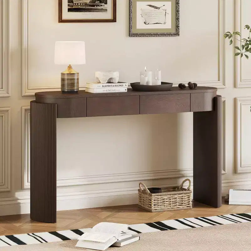 Oval-Top Console Table with Fluted Curved Legs & Dual Hidden Drawers