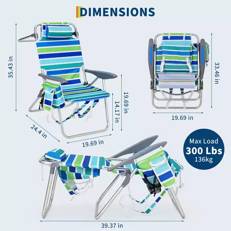 Set of 2 Backpack Beach Chairs for Adults, Lightweight Aluminum Folding Chairs with 5-Position Adjustable Backrest, Towel Bar, Storage Pockets