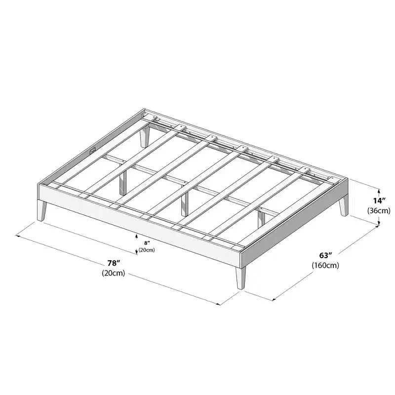 Solid Wood Queen Platform Bed Frame with Pine Slats, 14"H, 750 lb Capacity, No Box Spring Needed