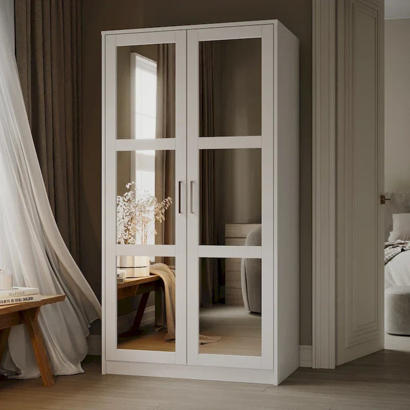 2-Door Solid Pine Wood Wardrobe Armoire with Clothing Rod & Adjustable Shelf – White / Black / Gray, Solid Wood or Mirrored Doors, Single