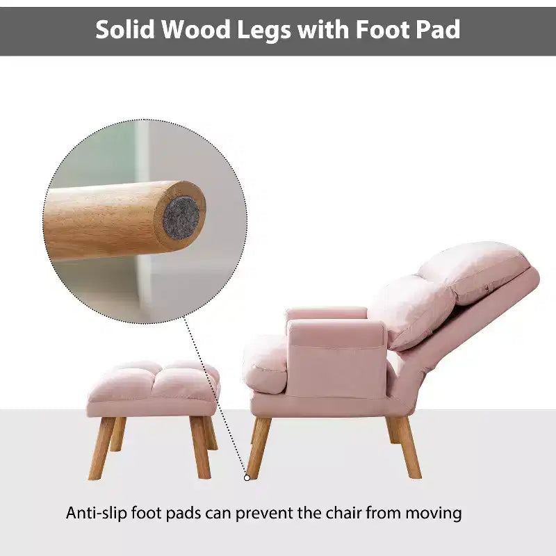 Accent Chair with Ottoman, Velvet Armchair with Adjustable Backrest and Side Pocket