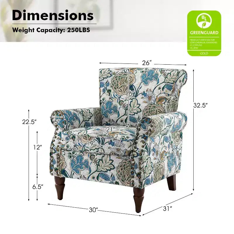 Traditional Wooden Upholstered Floral Armchair with Wingback and Nailhead Trim