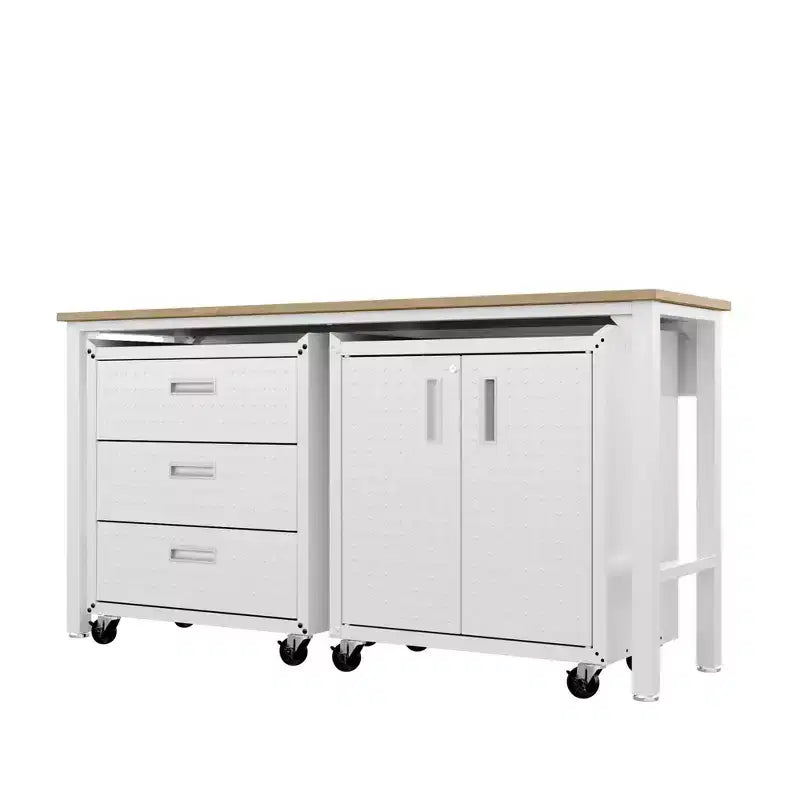 Manhattan Comfort Fortress 3pc Mobile Space Saving Garage Cabinet and Worktable Set 3.0 White