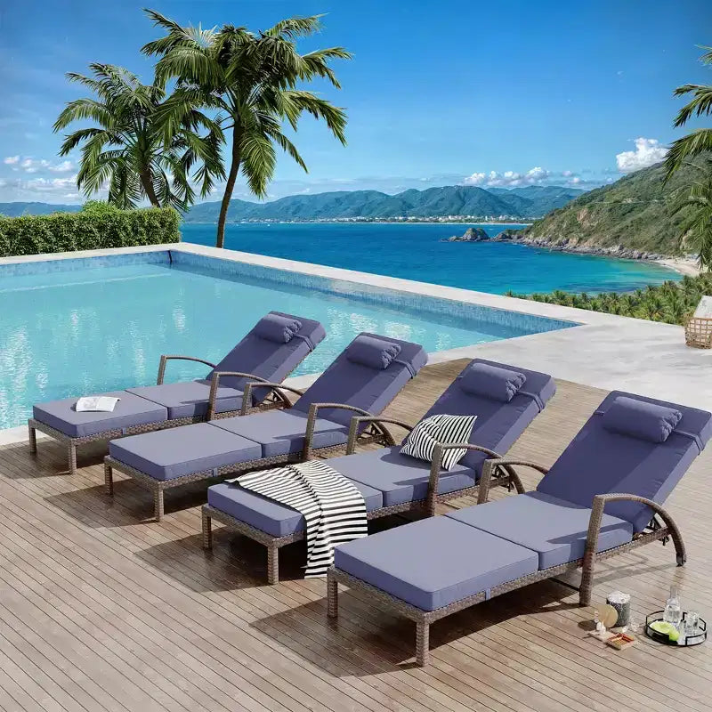 Coolmee Outdoor Chaise Lounge Set of 2 Rattan Patio Folding Chaise Lounge Adjustable 5 Position Back Patio Pool Lounge Chair with Cushion Pillow
