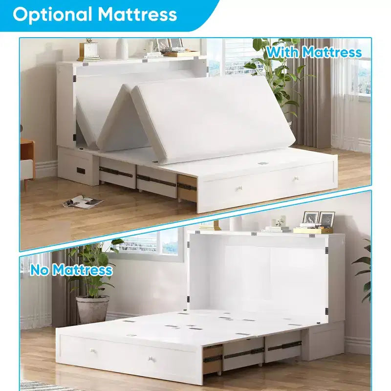 Murphy Bed Cabinet, Modern Murphy Bed Queen with Mattress, Built-in USB Charging Station & Drawers