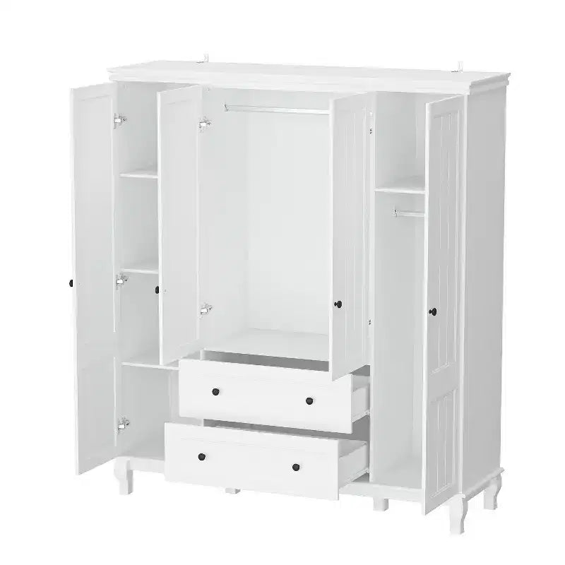 White Freestanding Wood Armoire With Drawers and Hanging Rods