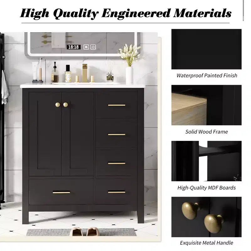 30-Inch Bathroom Vanity with Sink, Storage Drawers & Soft-Close Doors
