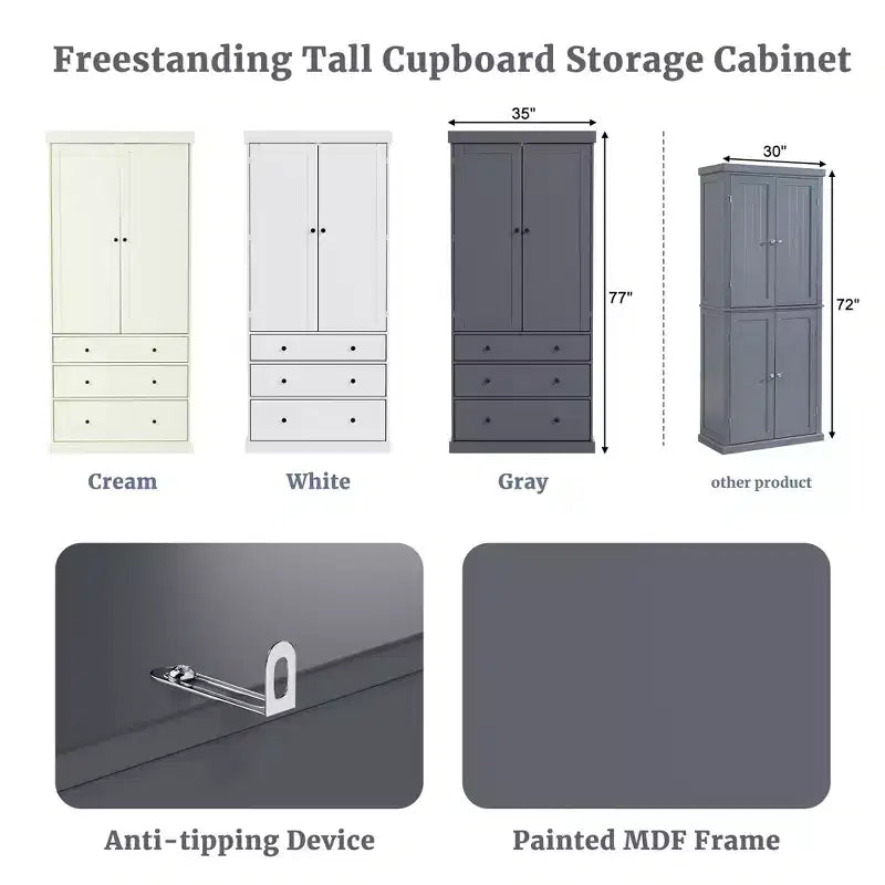 Freestanding Kitchen Pantry Organizer, Cabinet with 3-Adjustable Shelves, 3-Drawers, 8-Door Inner Shelves