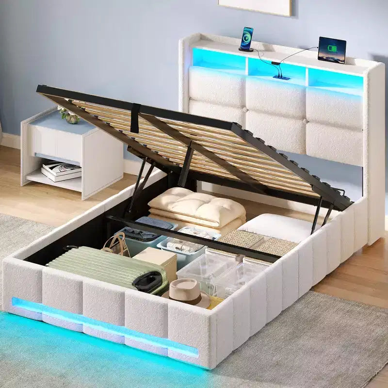 Greenstell Upholstered Lift Storage Bed with LED Lights & Charging Station, Modern Platform Bed, Heavy Duty Wooden Slats