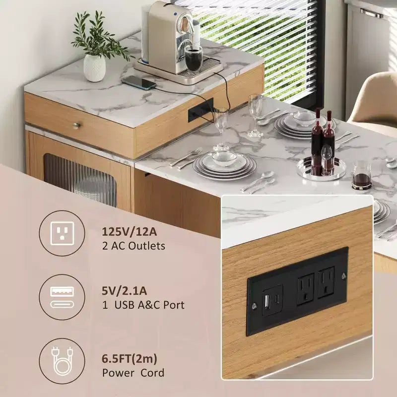 PexFix 59.5 Kitchen Island with Extendable Dining Table Kitchen Storage Table with Double-sided Storage with Power Outlet&Side Open Shelves Natural