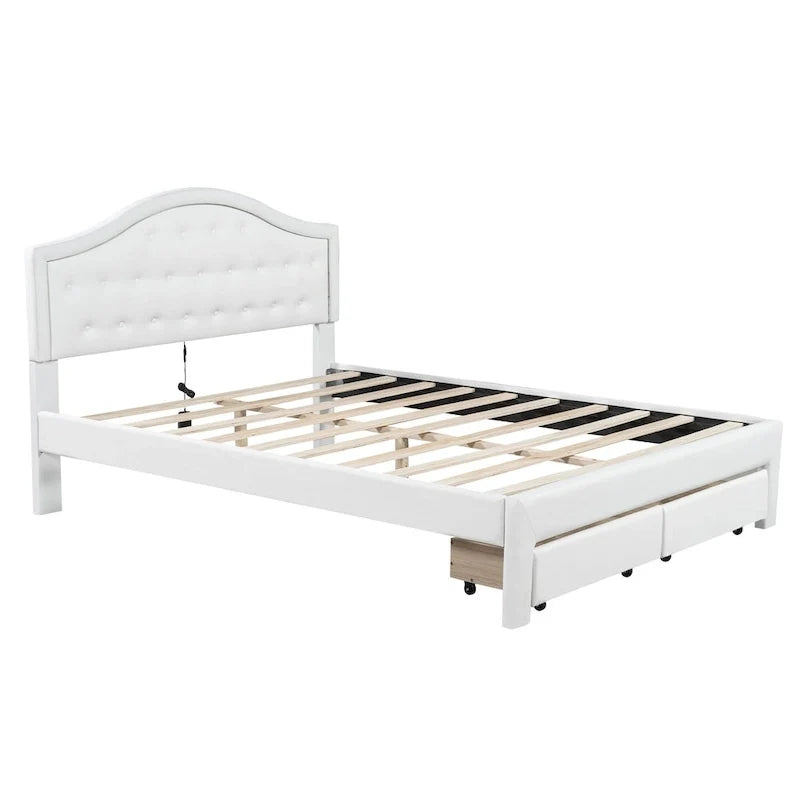 White Queen Size Upholstered Bed with Tufted Headboard, LED, and 2 Drawers