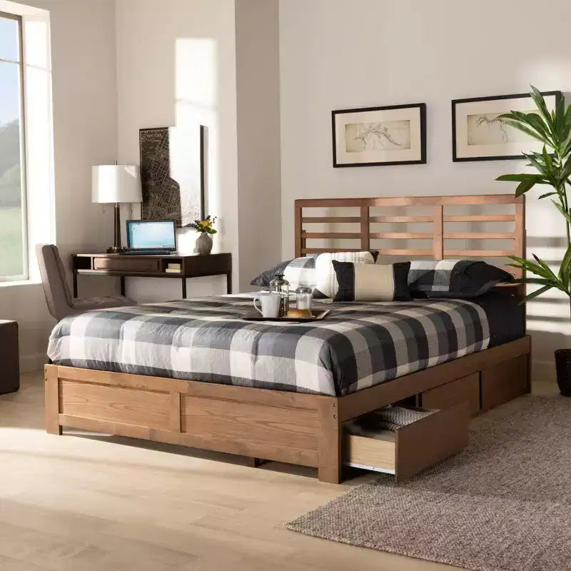 Full Piera Modern Wood 3 Drawer Platform Storage Bed Walnut/Brown - Baxton Studio
