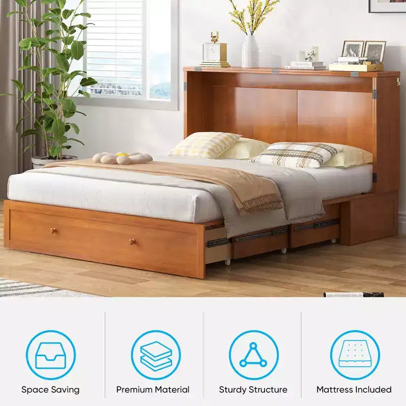 Murphy Bed Cabinet, Modern Murphy Bed Queen with Mattress, Built-in USB Charging Station & Drawers