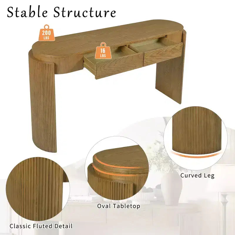 Oval-Top Console Table with Fluted Curved Legs & Dual Hidden Drawers