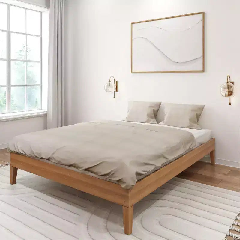 Solid Wood Queen Platform Bed Frame with Pine Slats, 14"H, 750 lb Capacity, No Box Spring Needed
