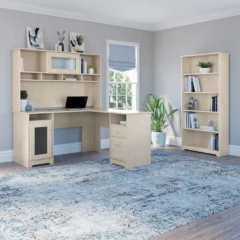 60" L-Shaped Computer Desk with Hutch, 5-Shelf Bookcase & File Drawer, 200 lb Desktop Capacity