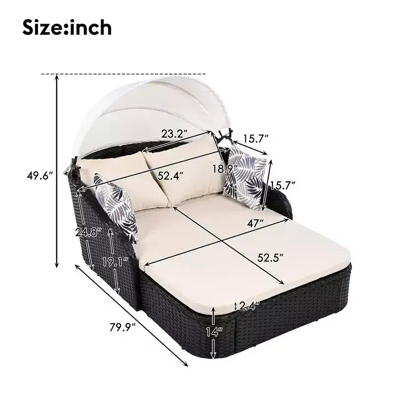 CLIHOME Outdoor Sunbed with Adjustable Canopy, Double Lounge, PE Rattan Daybed, Black Wicker and Cushion